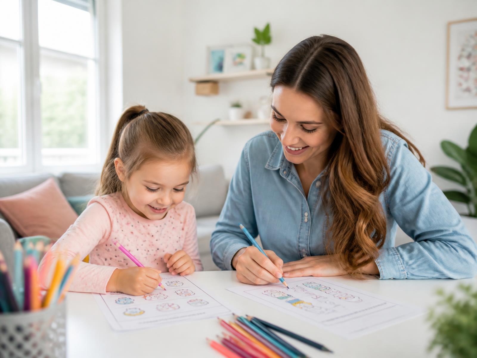 Mãe e filha sentadas à mesa fazendo atividades educativas para imprimir